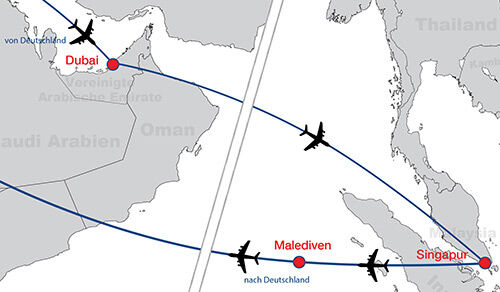 Dubai Singapur Malediven map